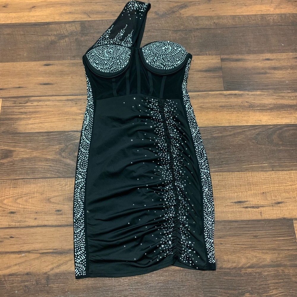 Women's M Sexy Sleeveless Slant Shoulder Rhinestones Mesh Ruched Bodycon Black